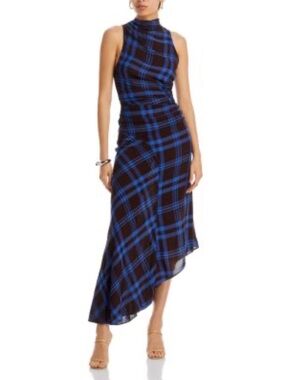 A.L.C. Iggy Brown & Blue Plaid Sleeveless Mock Neck Asymmetrical Dress Sz 6